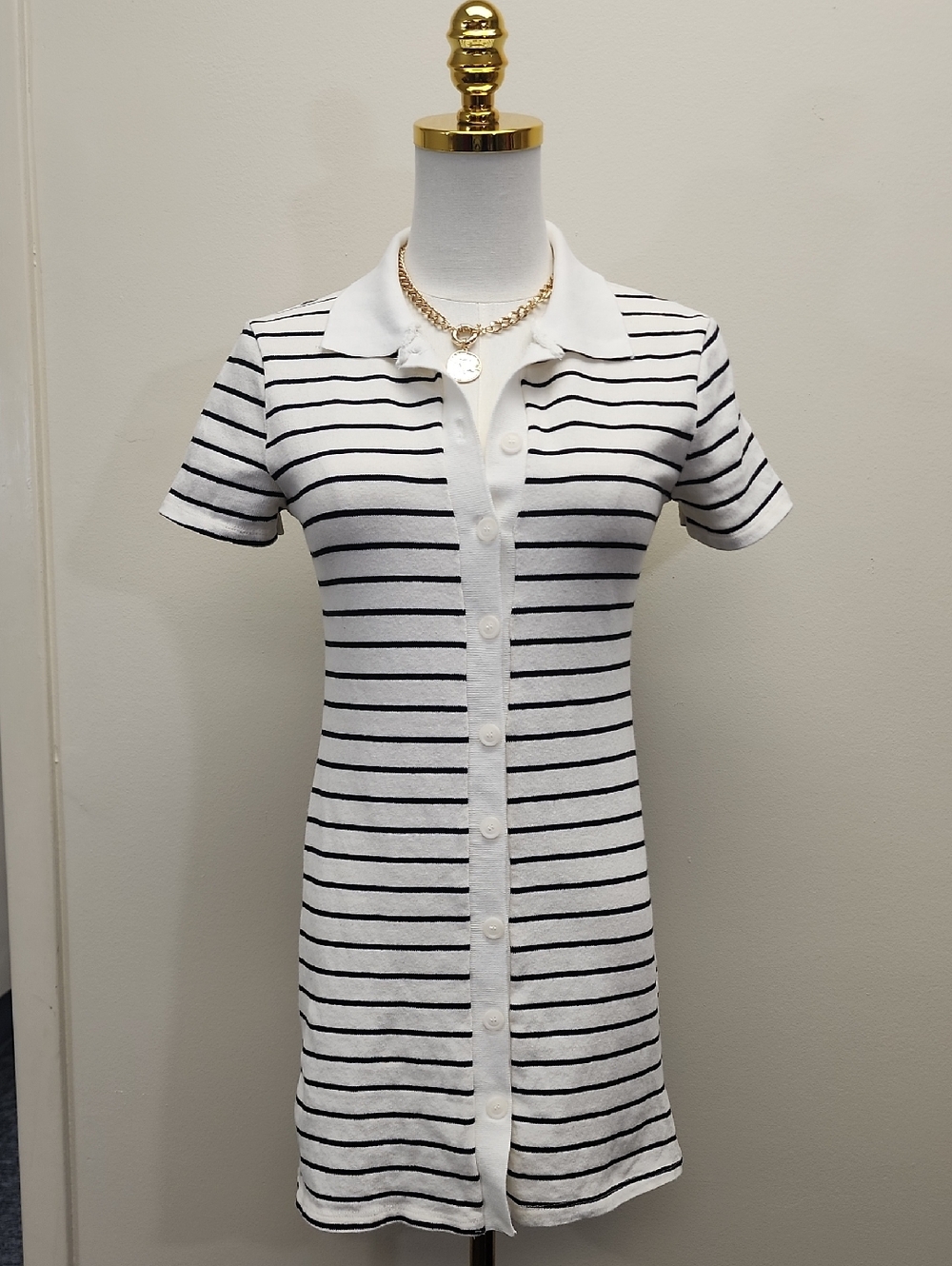 Zara Black White Striped Polo Dress Button Front Mini Size Small